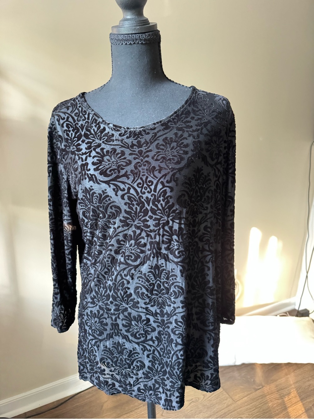 Cato Black Damask Velvet Burnout Long Sleeve Tee
